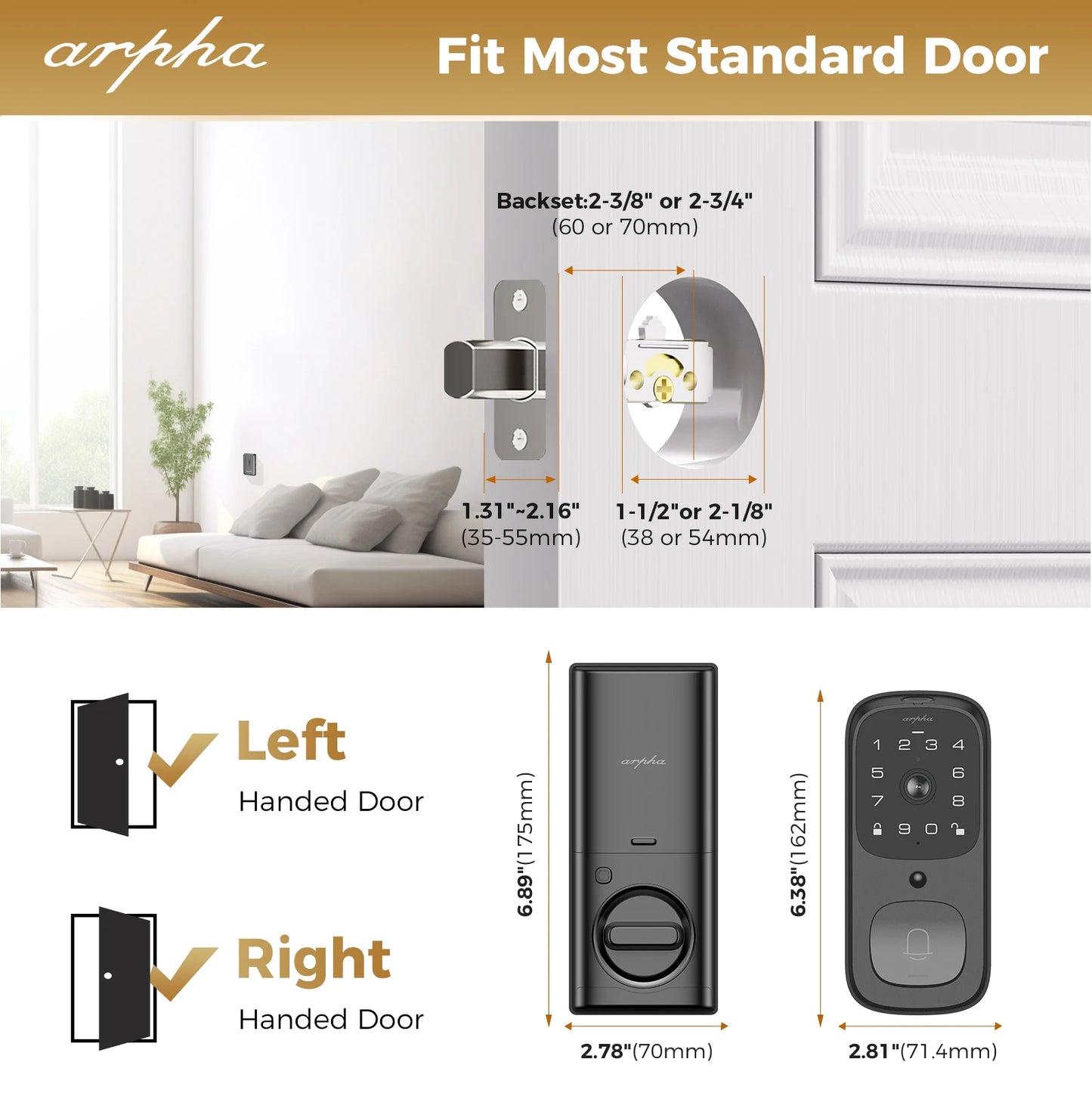 Arpha Smart Lock AL501 All-in-One WiFi Smart Door Lock 6 in 1 Video Camera with Doorbell Fingerprint Keyless 32GB Digital Keypad