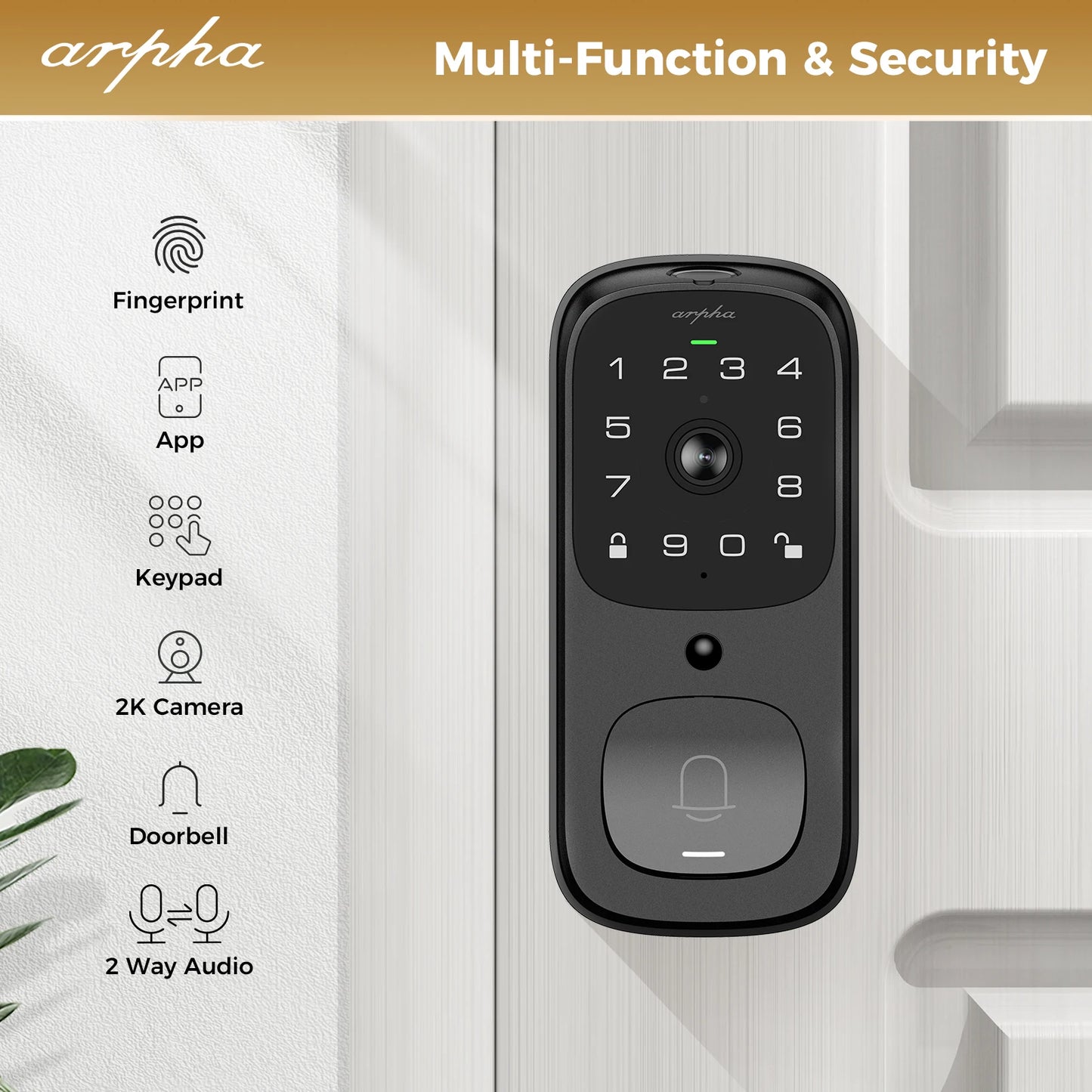 Arpha Smart Lock AL501 All-in-One WiFi Smart Door Lock 6 in 1 Video Camera with Doorbell Fingerprint Keyless 32GB Digital Keypad
