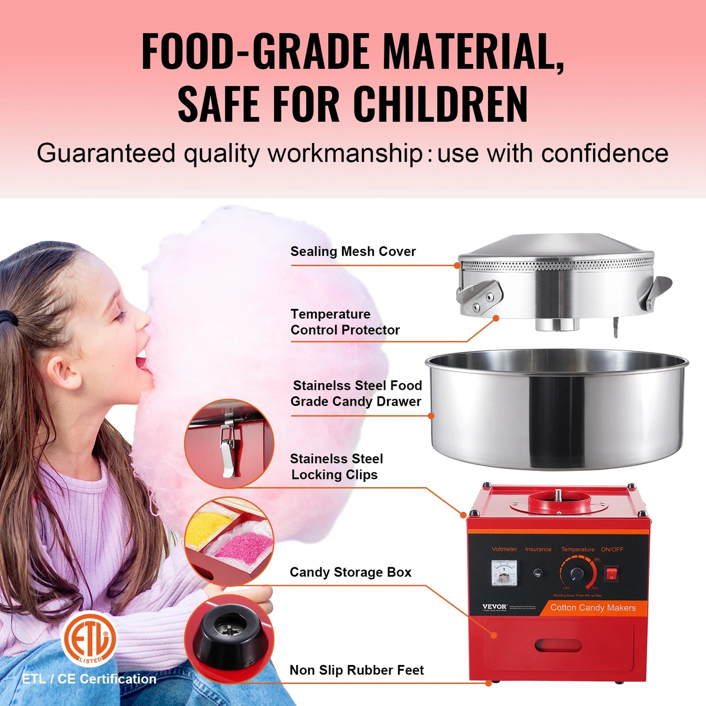 SucceBuy 1000W Electric Cotton Candy Machine Commercial Floss Maker with Stainless Steel Bowl Sugar Scoop and Drawer Red Blue