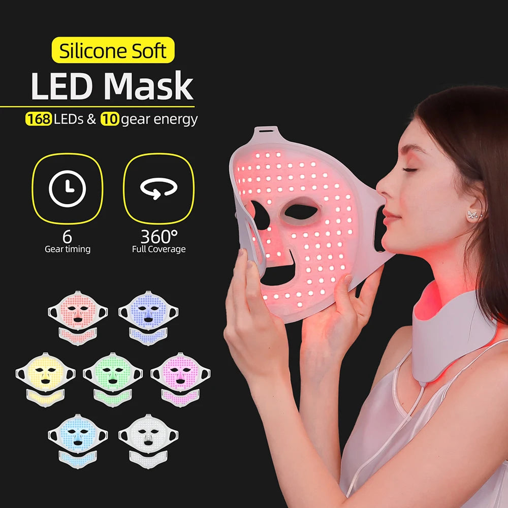 7 Colors Photon Face Neck LED Mask 3D Flexible Silicone Facial Beauty Mask Red Light Infrared Skin Care Repair Skin Wireless Use